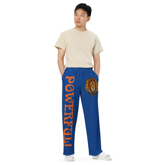 “POWERFUL!”Blue Unisex Wide-Leg Pants W/Orange Font