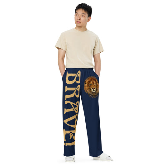 “BRAVE!”Navy Unisex Wide-Leg Pants W/Fawn Font