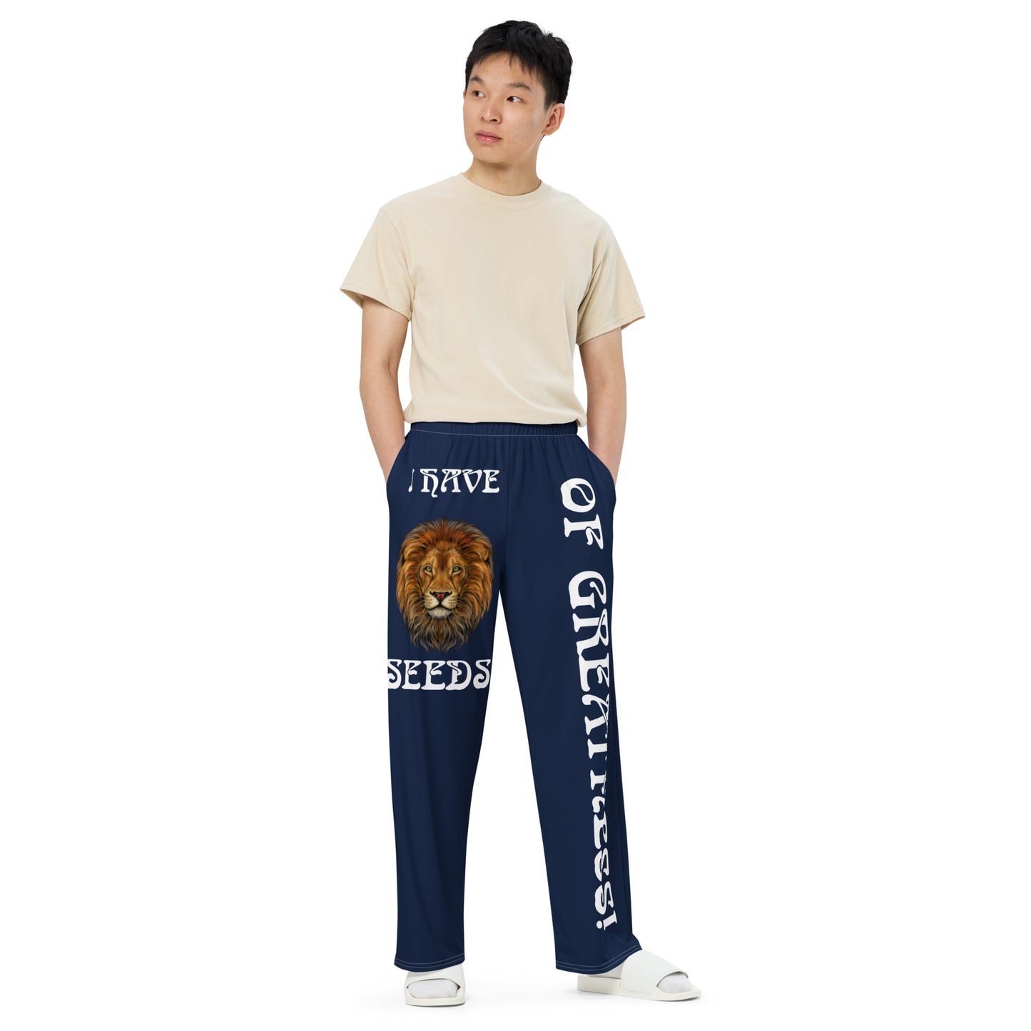 “I HAVE SEEDS OF GREATNESS!” Navy Unisex Wide-Leg Pants W/White Font