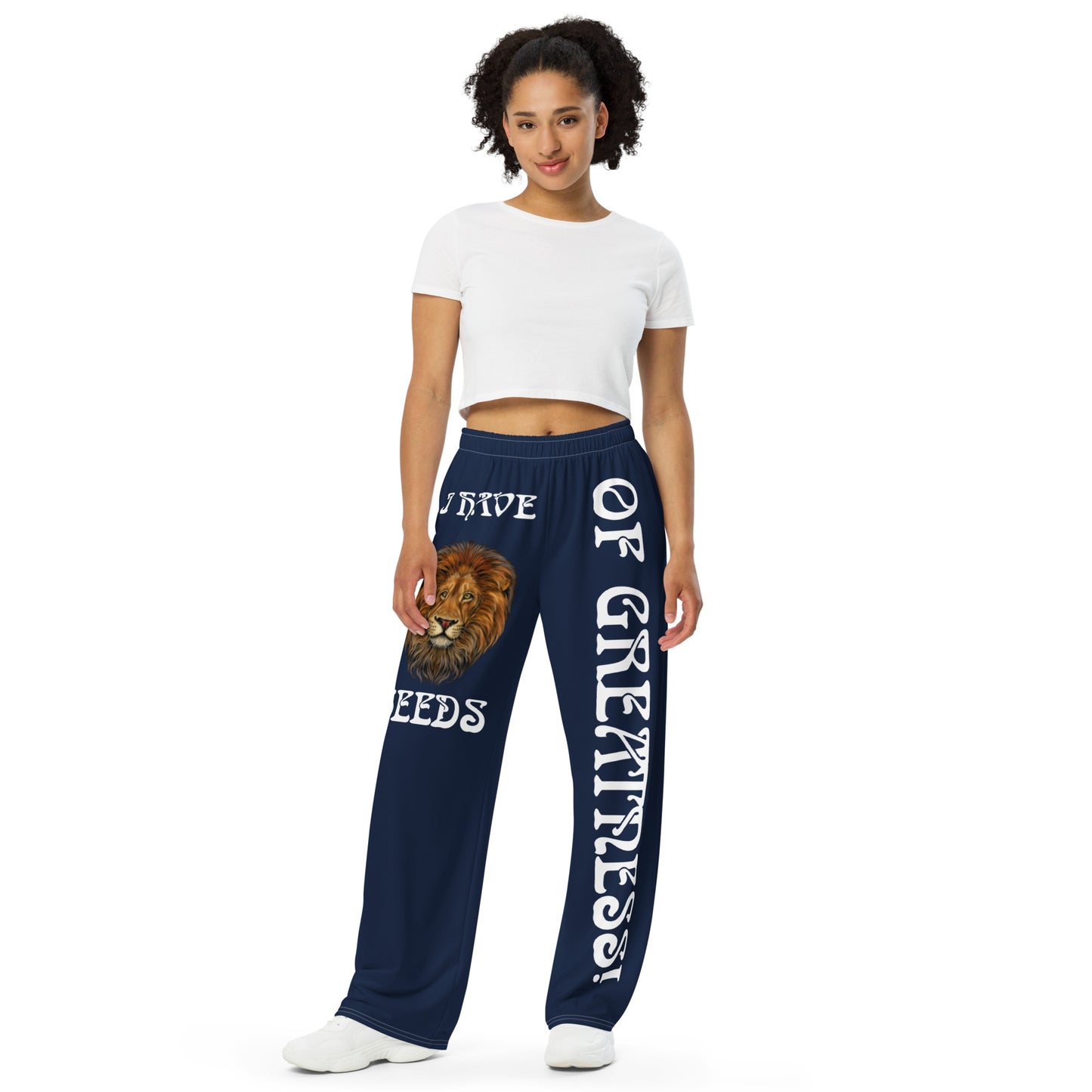 “I HAVE SEEDS OF GREATNESS!” Navy Unisex Wide-Leg Pants W/White Font