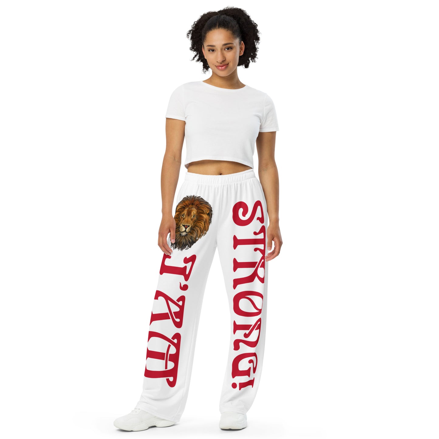 “I’AM STRONG!” White Unisex Wide-Leg Pants W/Red Font