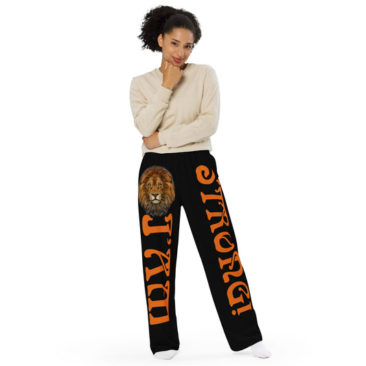 “I’AM STRONG!” Black Unisex Wide-Leg Pants W/Orange Font