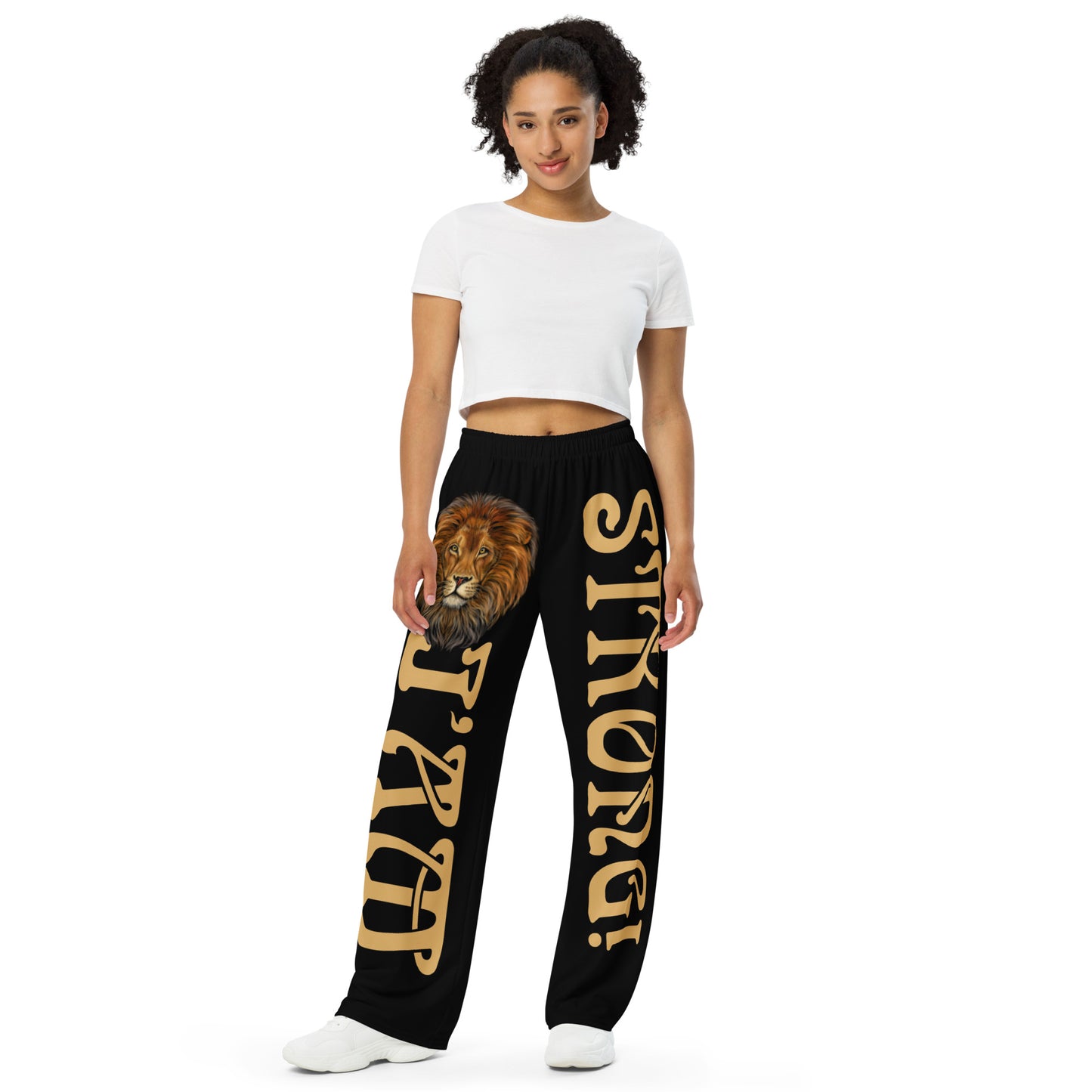 “I’AM STRONG!” Black Unisex Wide-Leg Pants W/Fawn Font