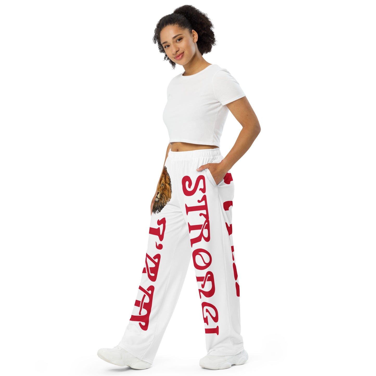 “I’AM STRONG!” White Unisex Wide-Leg Pants W/Red Font