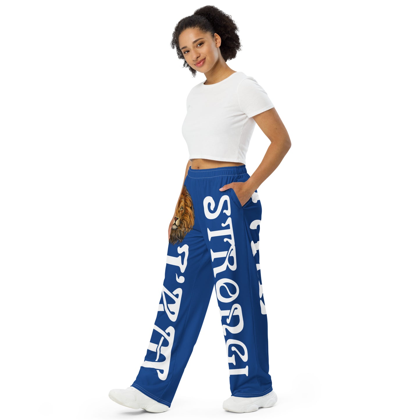 “I’AM STRONG!” Blue Unisex Wide-Leg Pants W/White Font