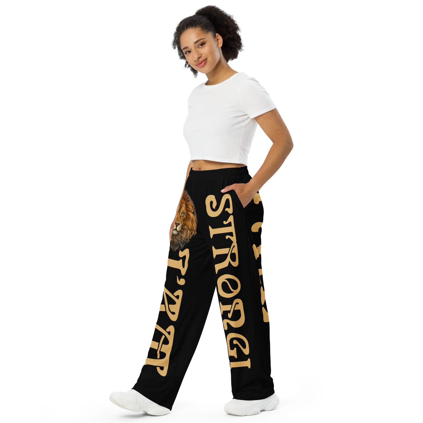 “I’AM STRONG!” Black Unisex Wide-Leg Pants W/Fawn Font