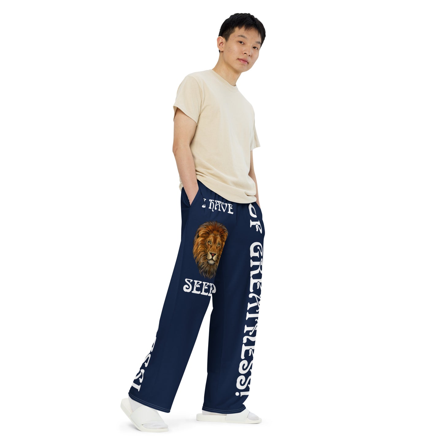 “I HAVE SEEDS OF GREATNESS!” Navy Unisex Wide-Leg Pants W/White Font