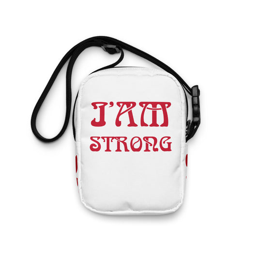 “I’AM STRONG”White Utility Crossbody Bag W/Red Font