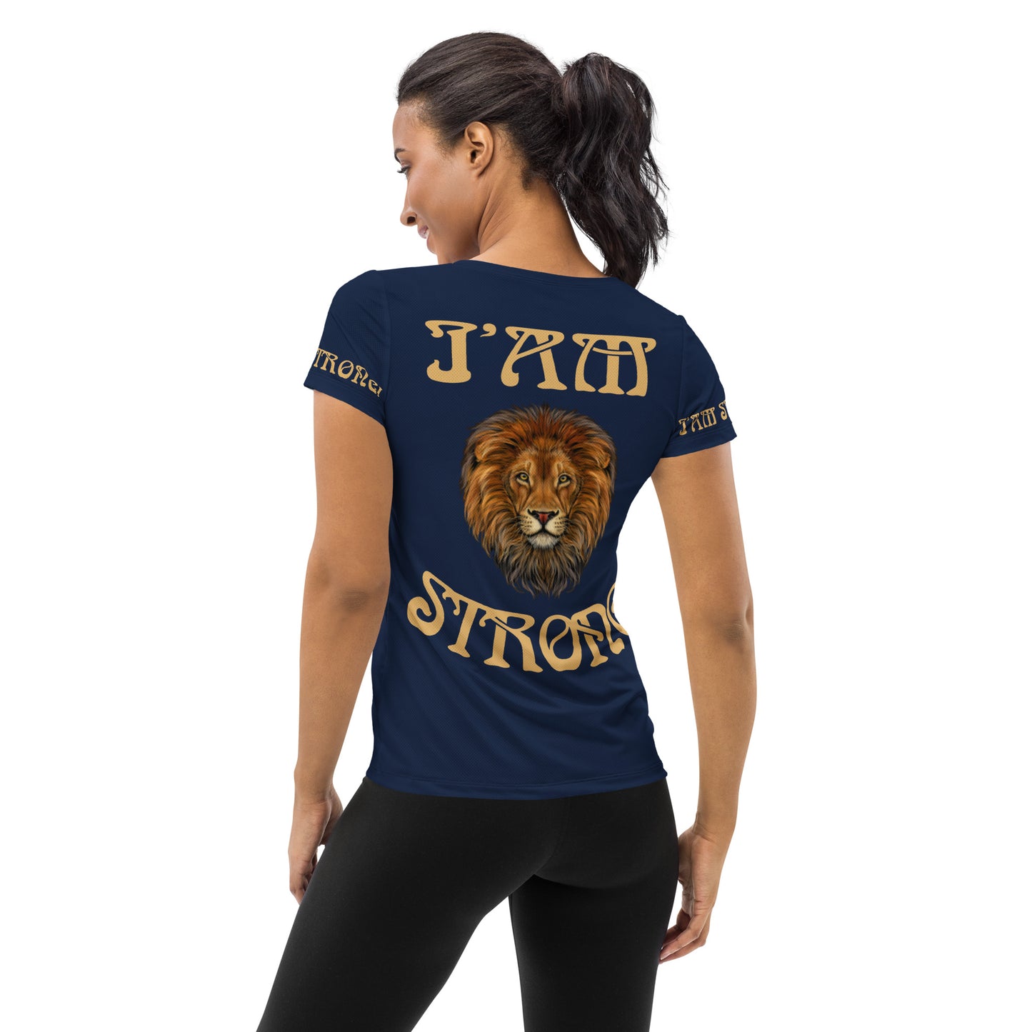 “STRONG”Navy All-Over Print Women's Athletic T-Shirt W/Fawn Font