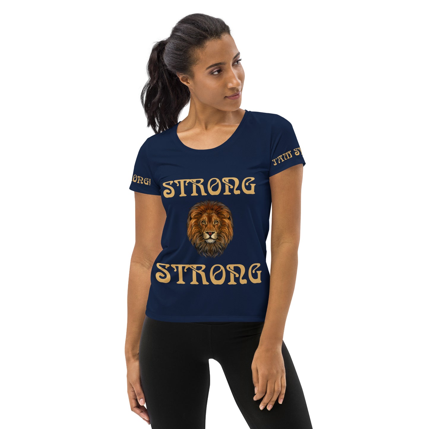 “STRONG”Navy All-Over Print Women's Athletic T-Shirt W/Fawn Font