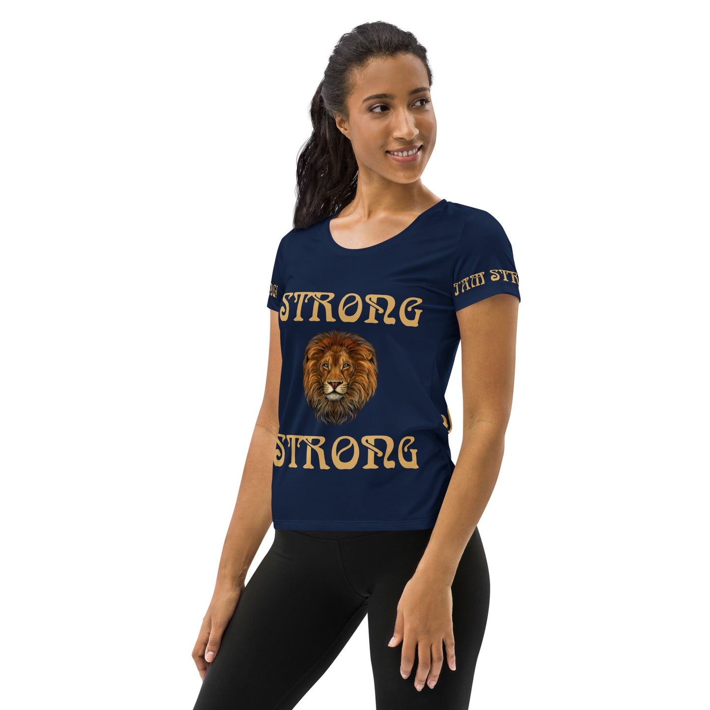 “STRONG”Navy All-Over Print Women's Athletic T-Shirt W/Fawn Font