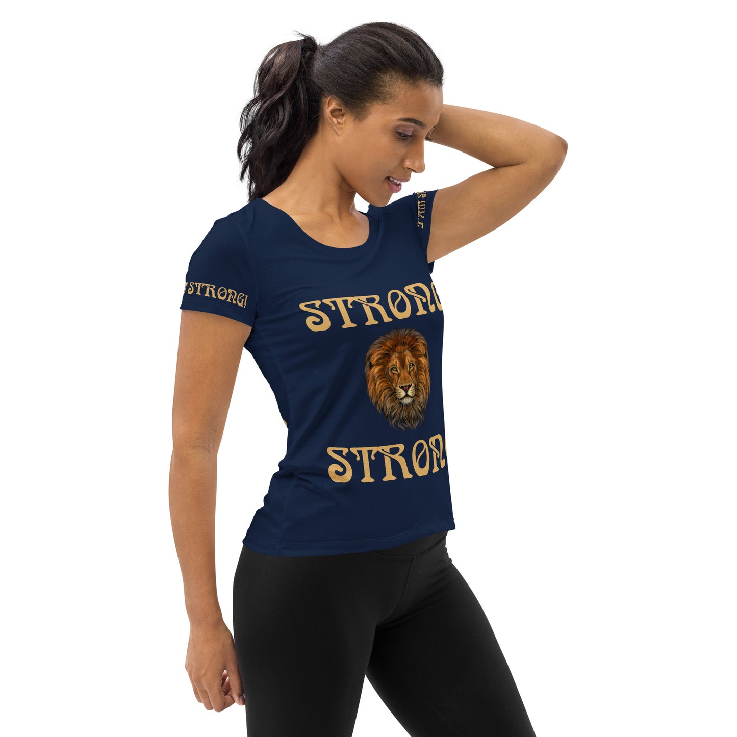 “STRONG”Navy All-Over Print Women's Athletic T-Shirt W/Fawn Font