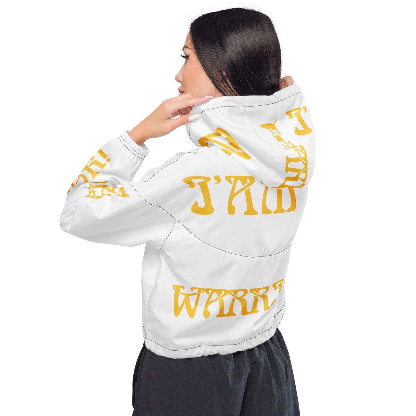 “I’AM A WARRIOR!” White Women’s Cropped Windbreaker W/Yellow Font