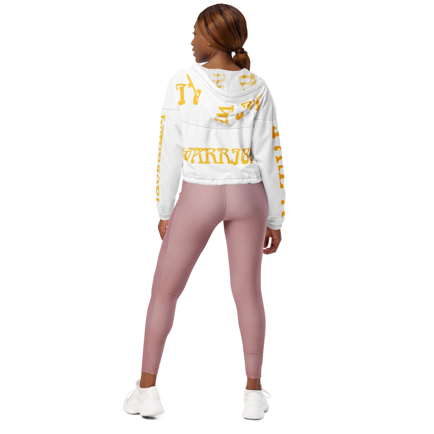 “I’AM A WARRIOR!” White Women’s Cropped Windbreaker W/Yellow Font