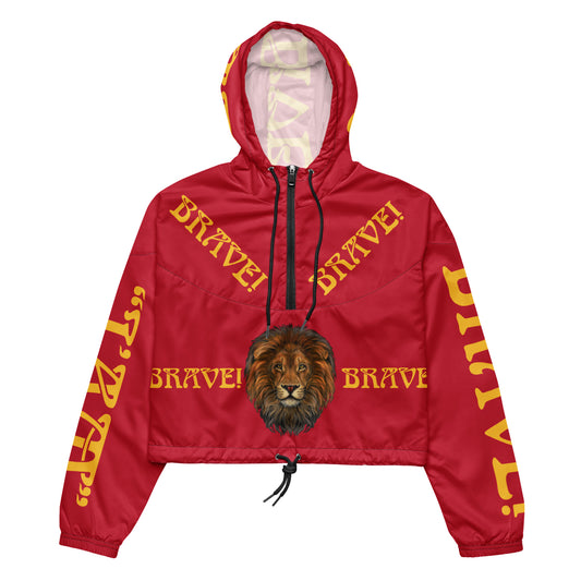 “BRAVE!”Red Women’s Cropped Windbreaker W/Yellow Font
