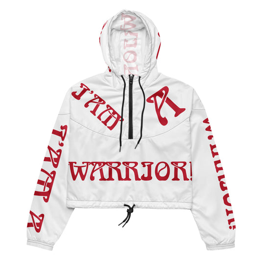 “I’AM A WARRIOR!” White Women’s Cropped Windbreaker W/Red Font