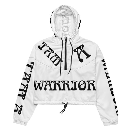“I’AM A WARRIOR!” White Women’s Cropped Windbreaker W/Black Font