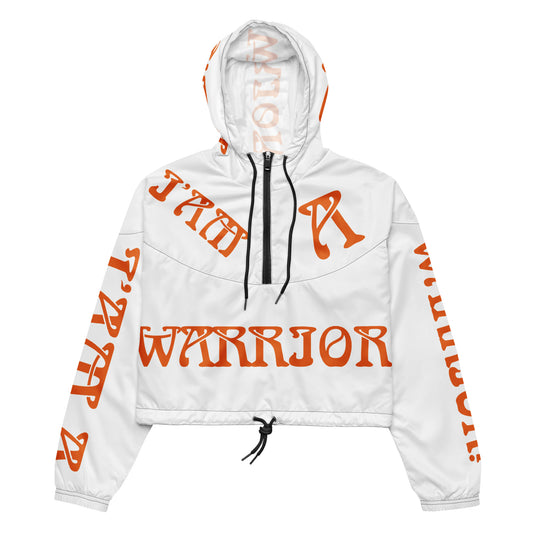“I’AM A WARRIOR!” White Women’s Cropped Windbreaker W/Orange Font
