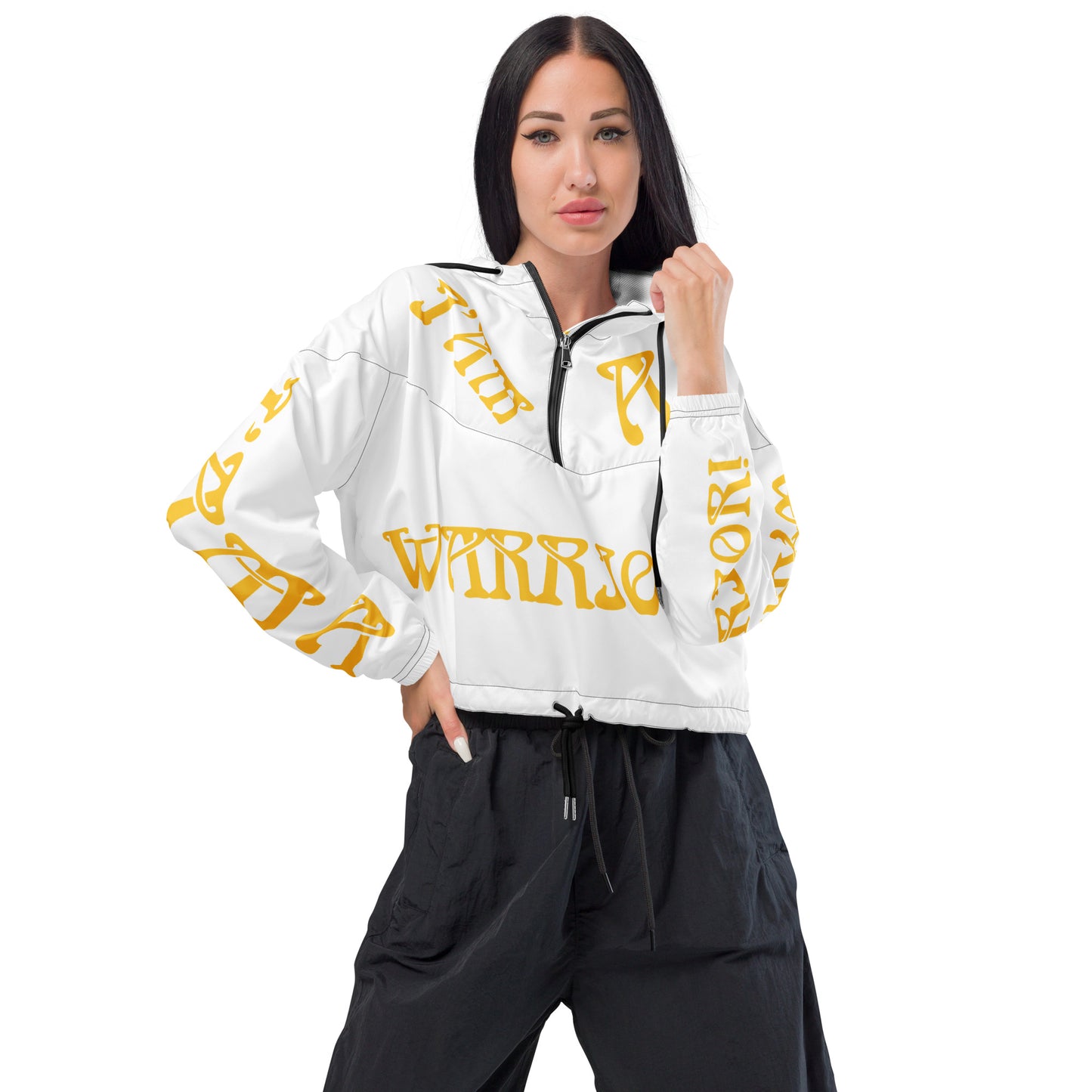 “I’AM A WARRIOR!” White Women’s Cropped Windbreaker W/Yellow Font