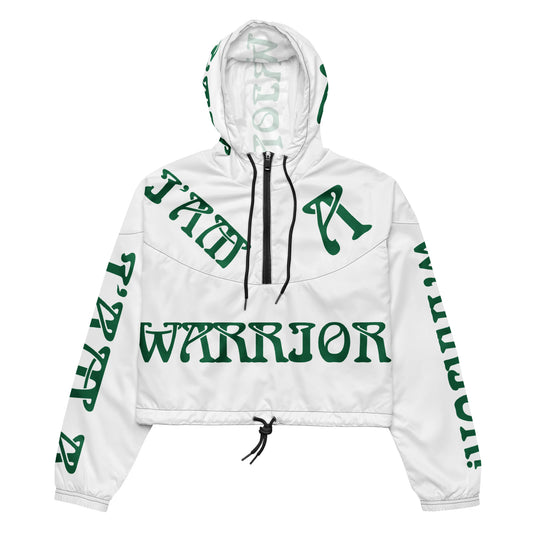 “I’AM A WARRIOR!” White Women’s Cropped Windbreaker W/Green Font