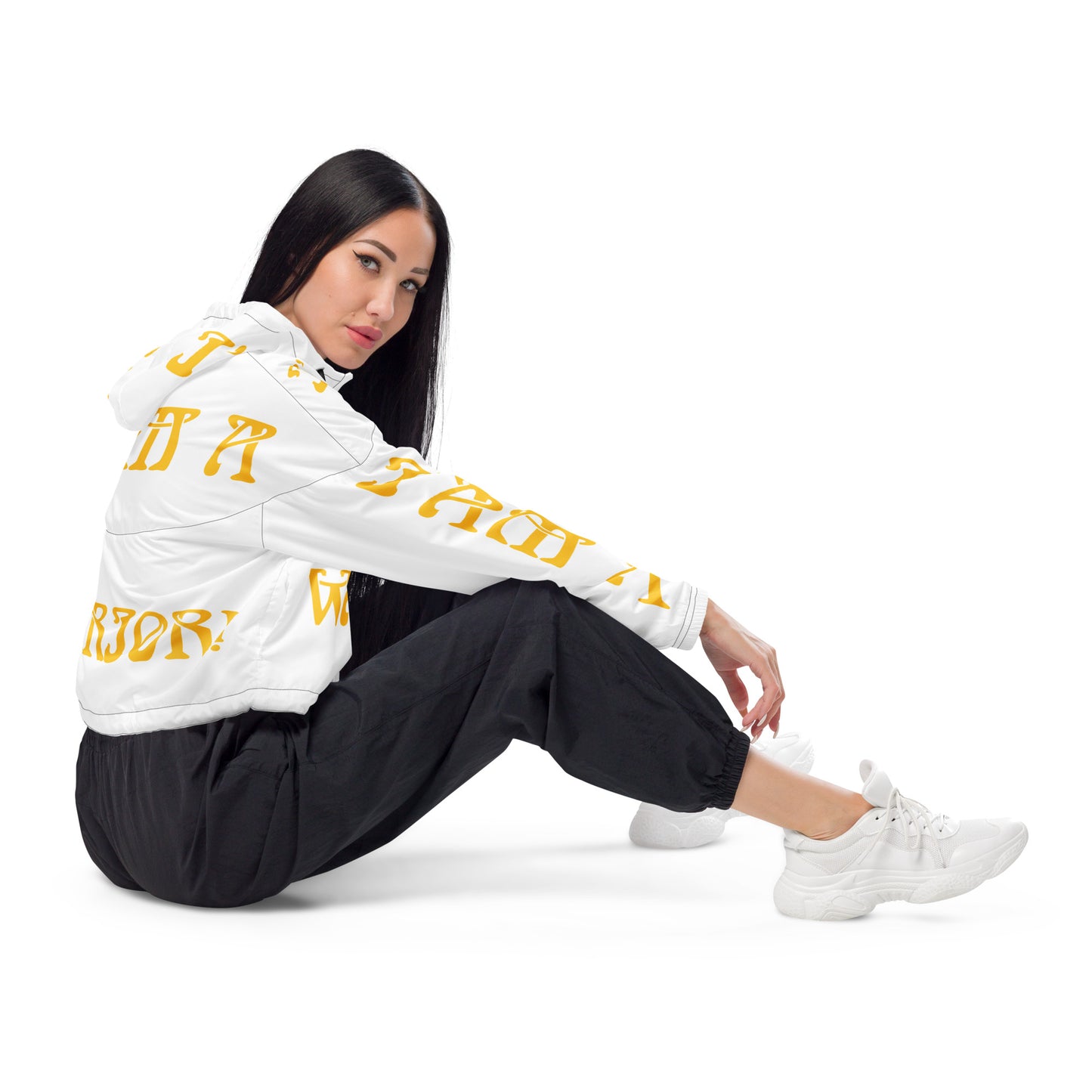 “I’AM A WARRIOR!” White Women’s Cropped Windbreaker W/Yellow Font