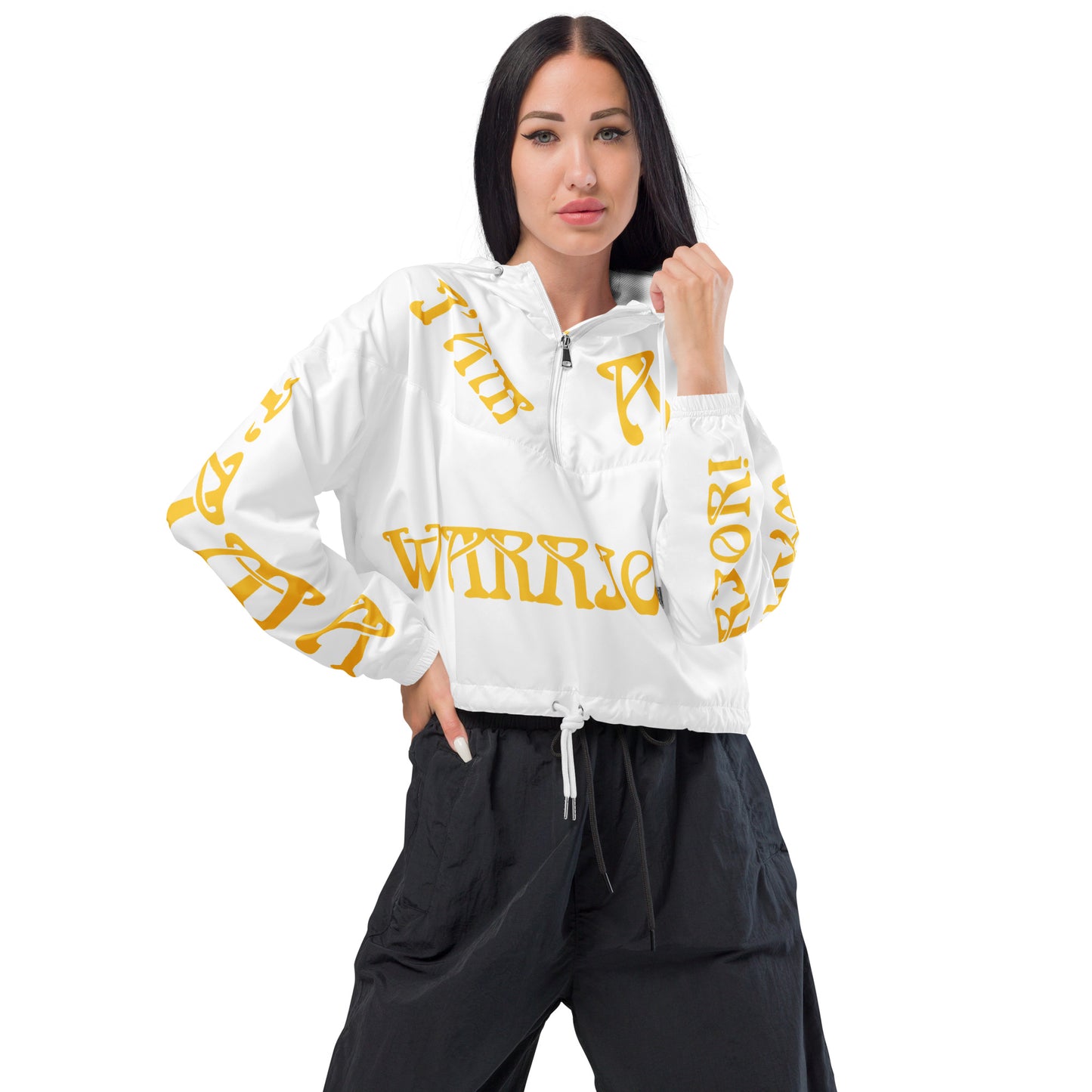 “I’AM A WARRIOR!” White Women’s Cropped Windbreaker W/Yellow Font