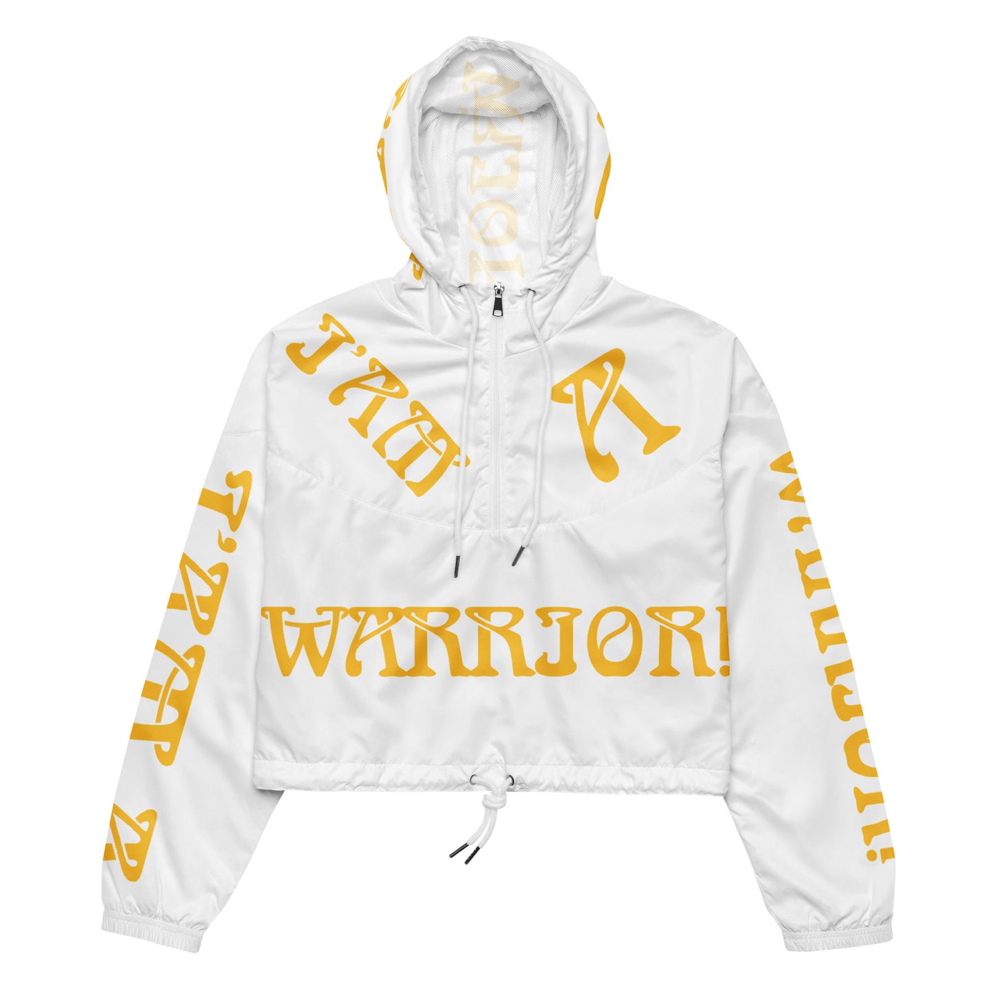 “I’AM A WARRIOR!” White Women’s Cropped Windbreaker W/Yellow Font