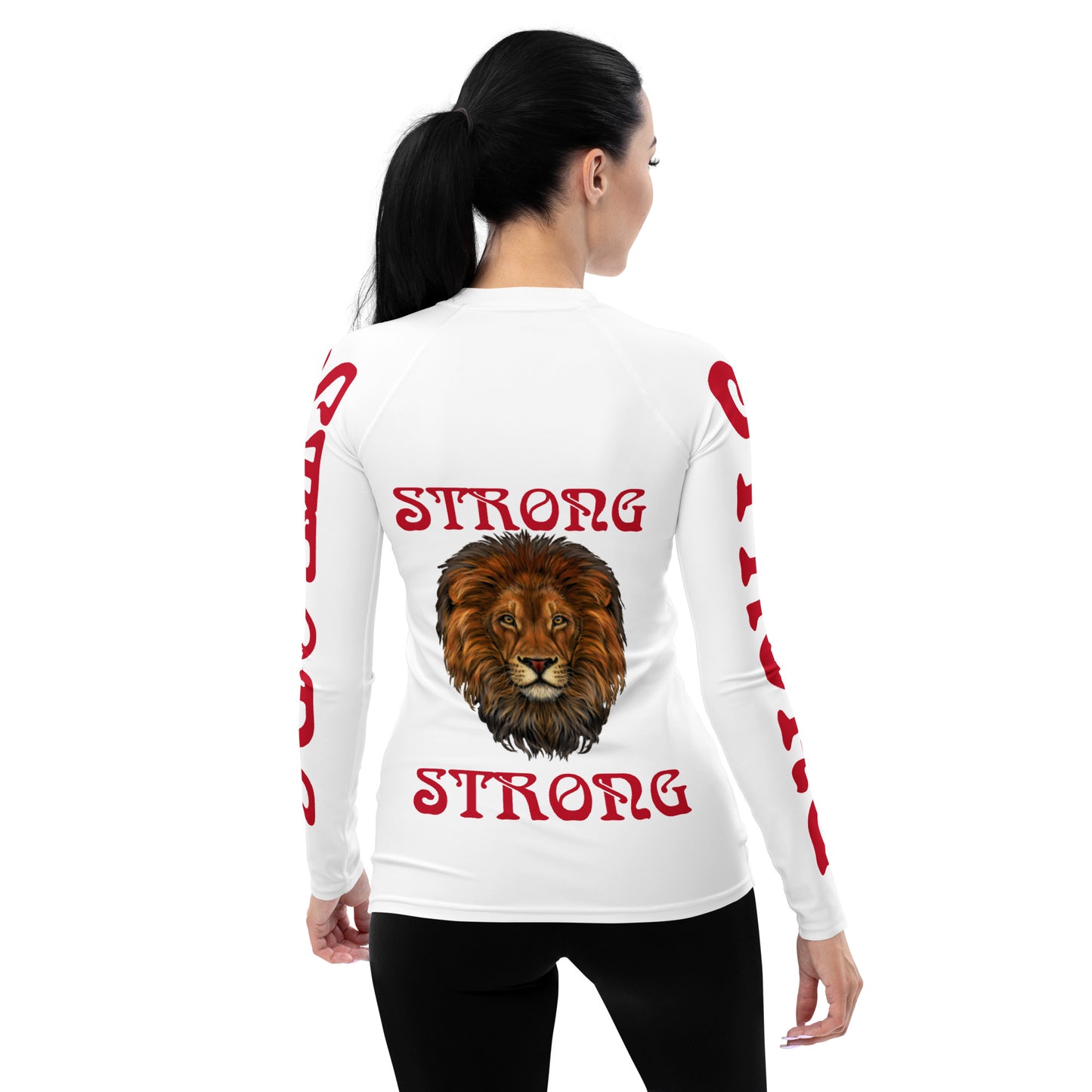 “STRONG” White Women's Rash Guard W/Red Font