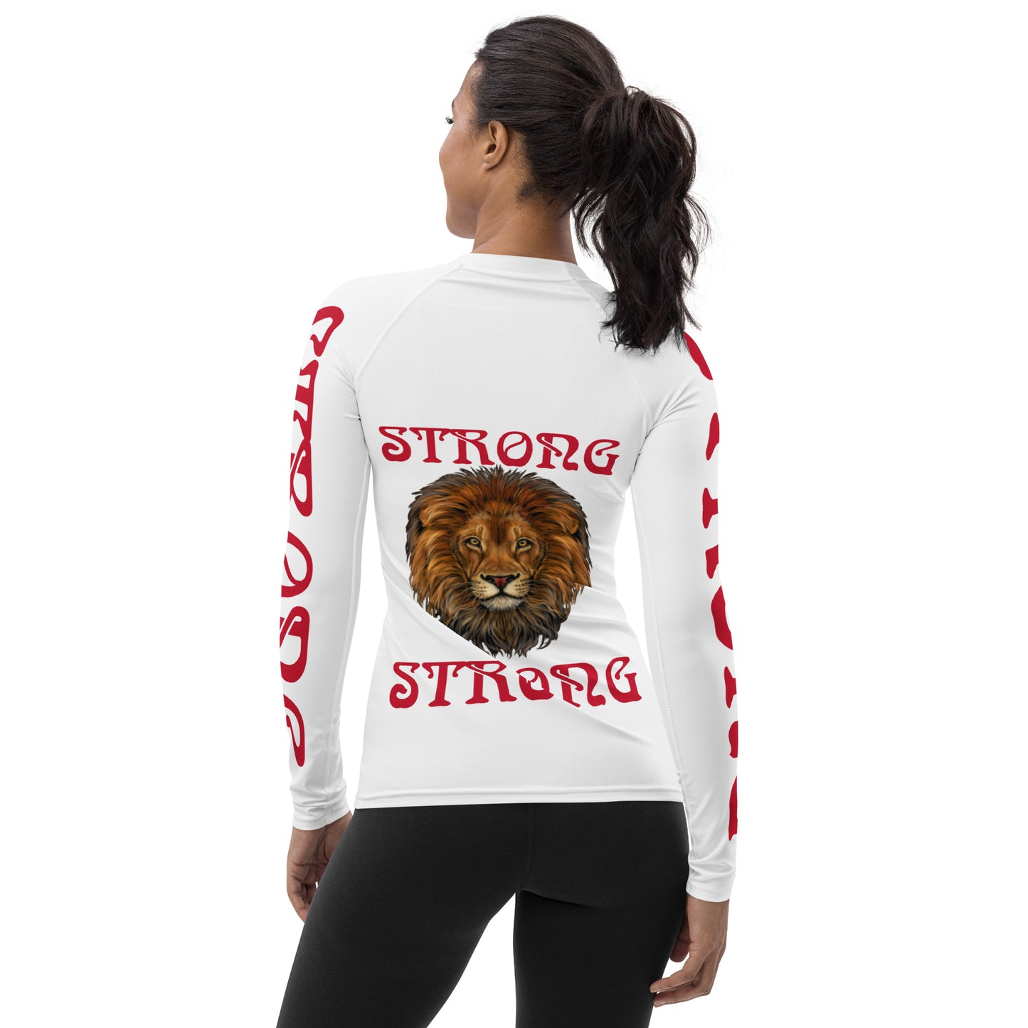 “STRONG” White Women's Rash Guard W/Red Font