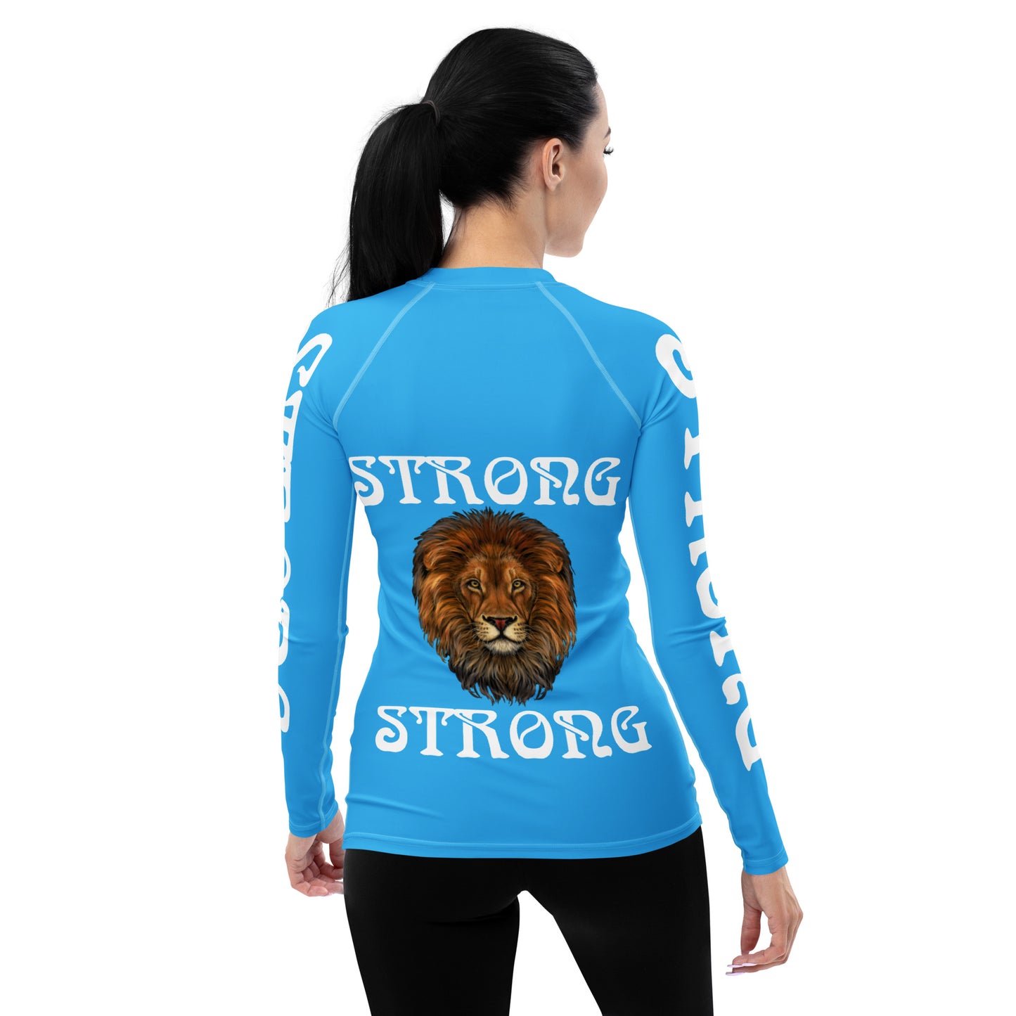 “STRONG” SkyBlue Women's Rash Guard W/White Font