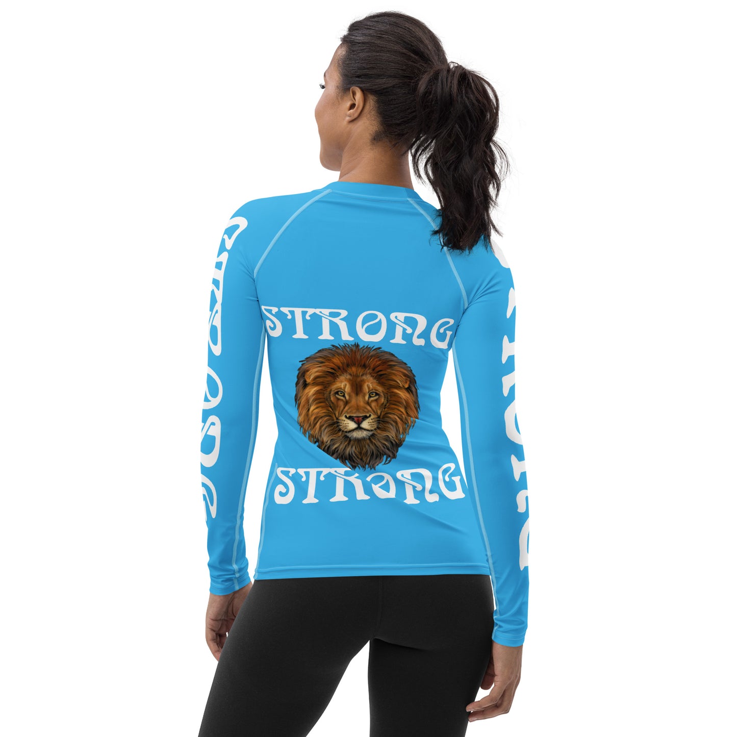 “STRONG” SkyBlue Women's Rash Guard W/White Font