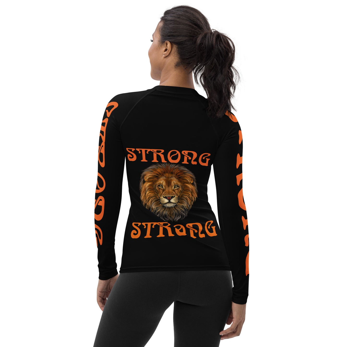 “STRONG”Black Women's Rash Guard W/Orange Font