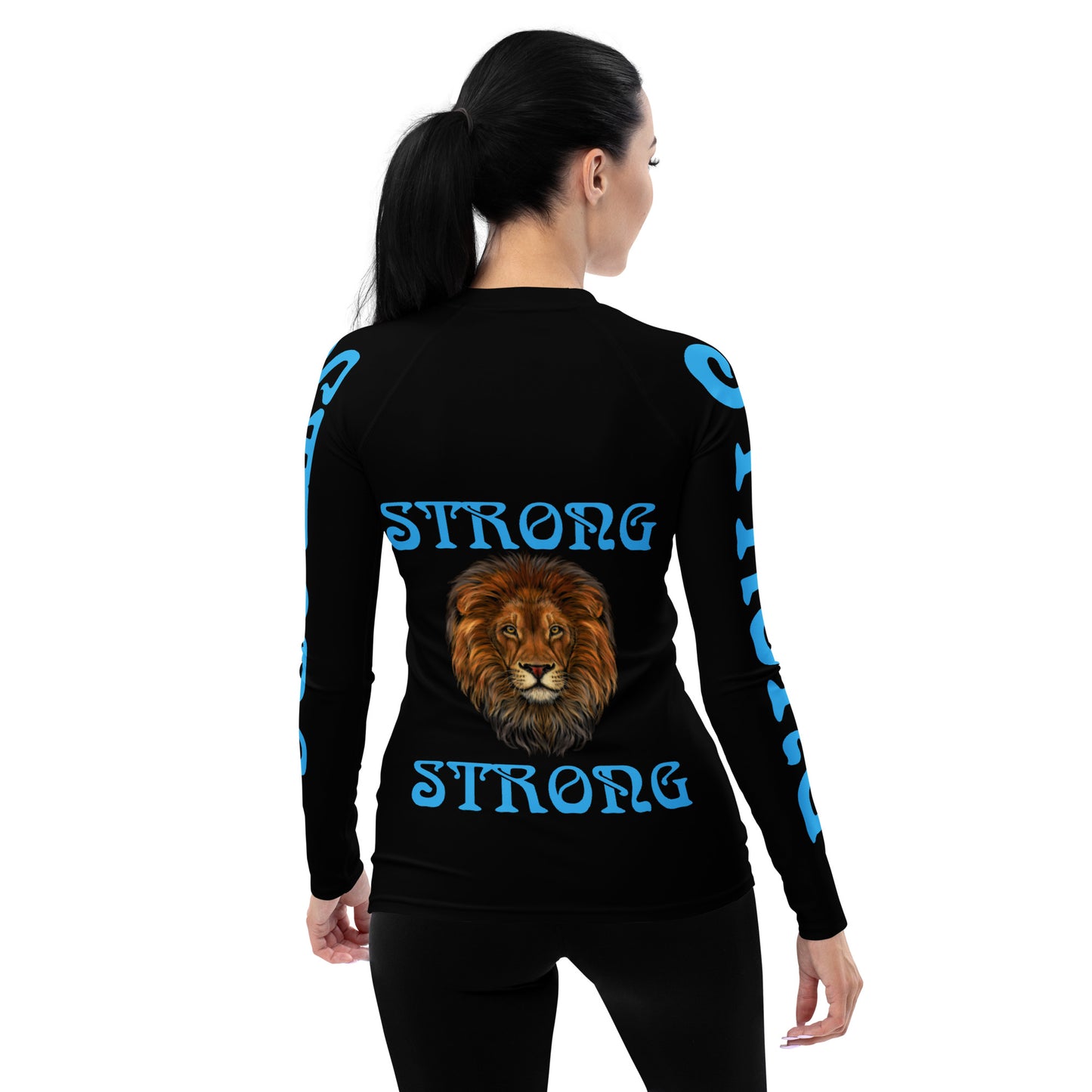 “STRONG” Black Women's Rash Guard W/SkyBlue Font