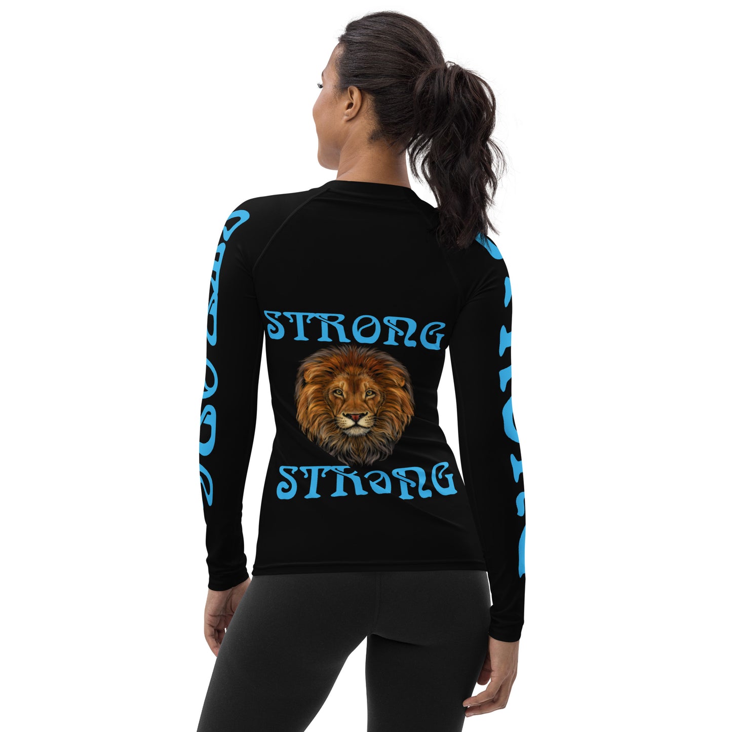 “STRONG” Black Women's Rash Guard W/SkyBlue Font