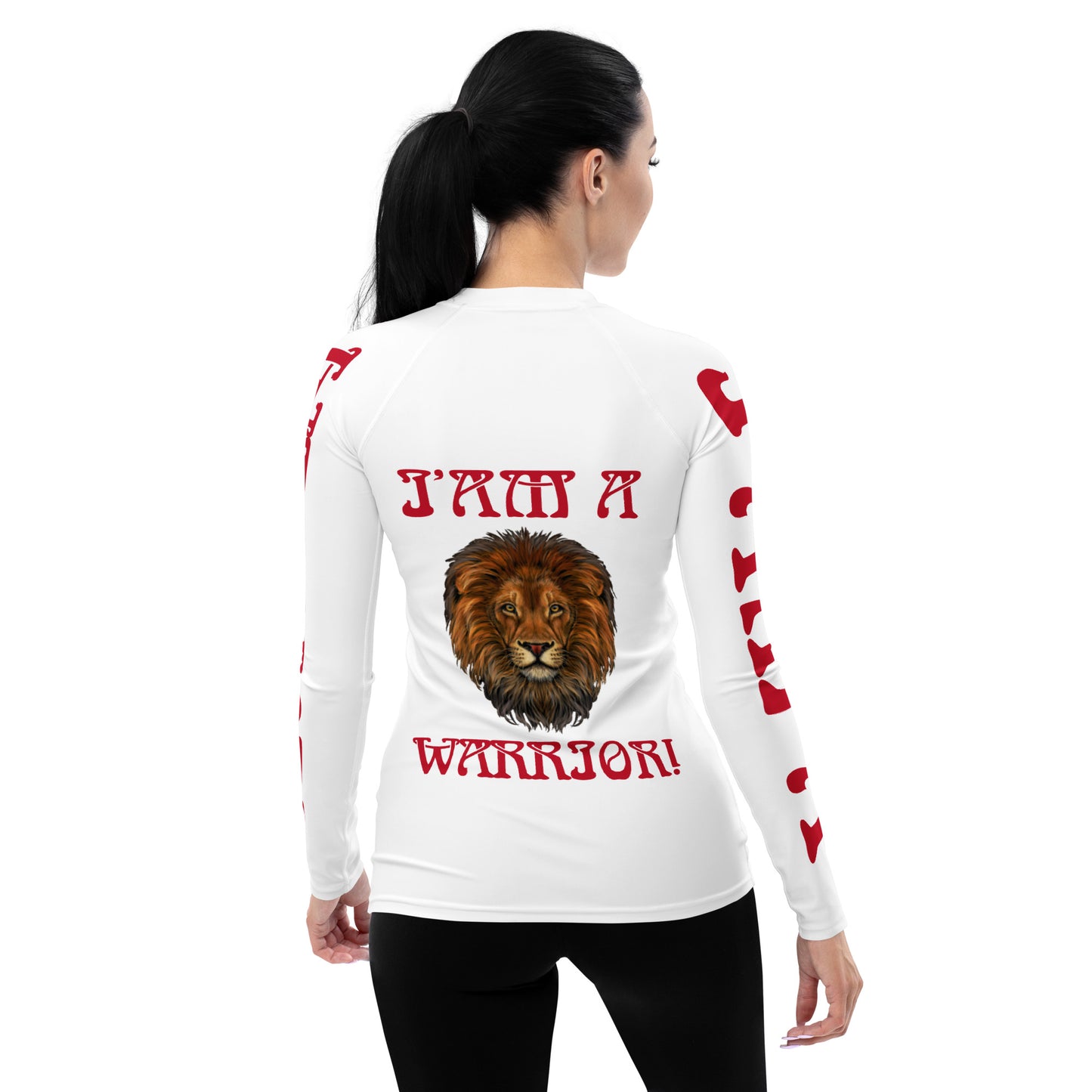 “I’AM A WARRIOR!”White Women's Rash Guard W/Red Font