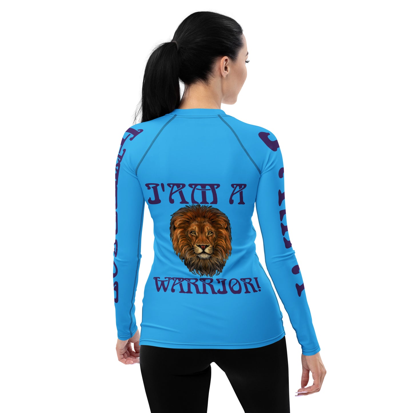 “I’AM A WARRIOR!” SkyBlue Women's Rash Guard W/Purple Font