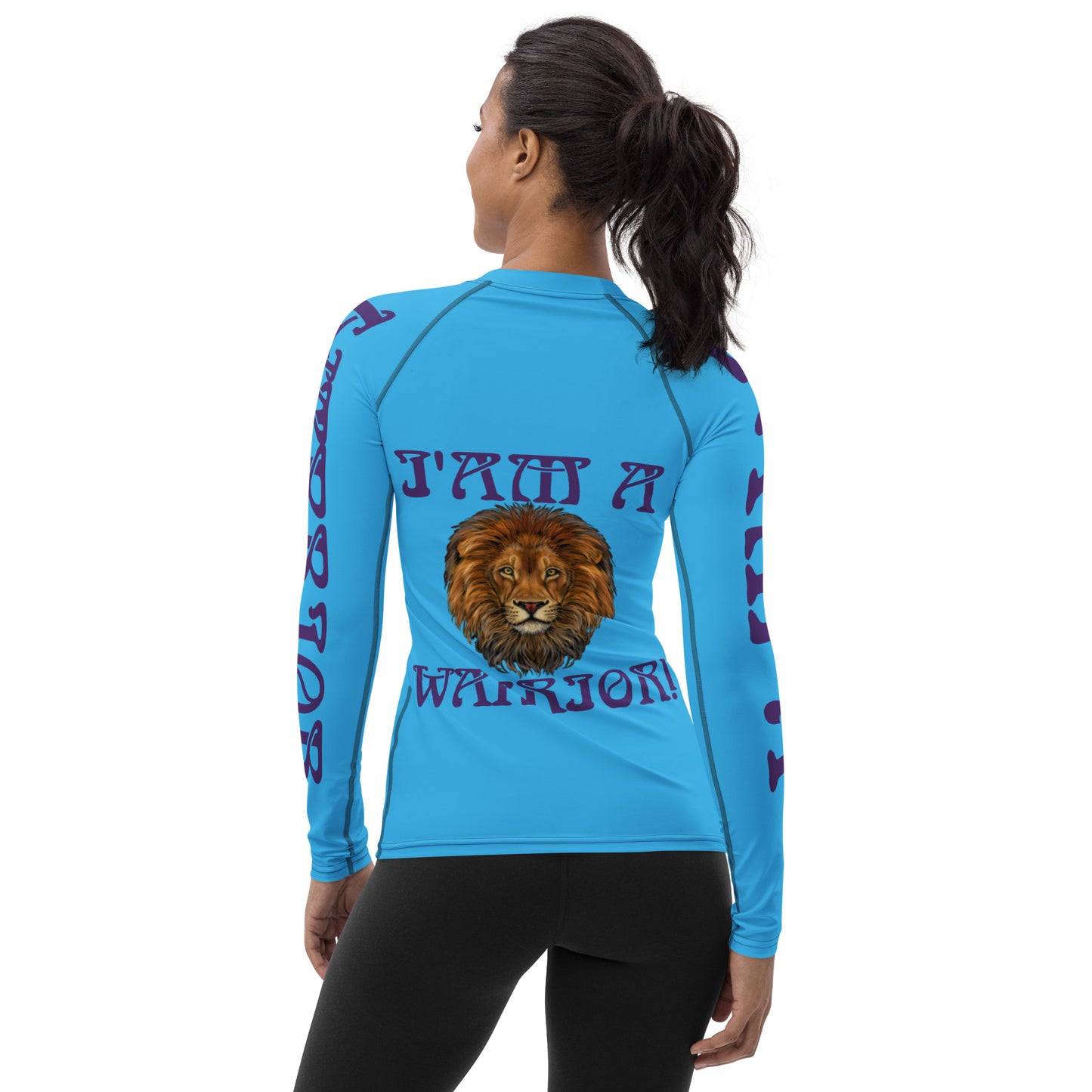 “I’AM A WARRIOR!” SkyBlue Women's Rash Guard W/Purple Font