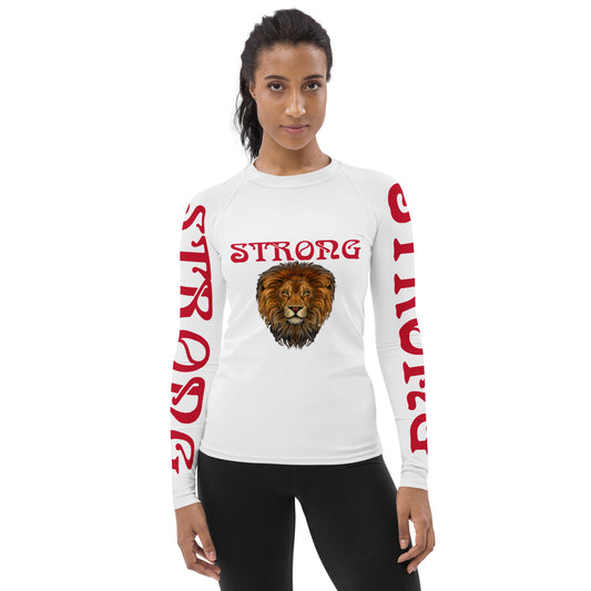 “STRONG” White Women's Rash Guard W/Red Font