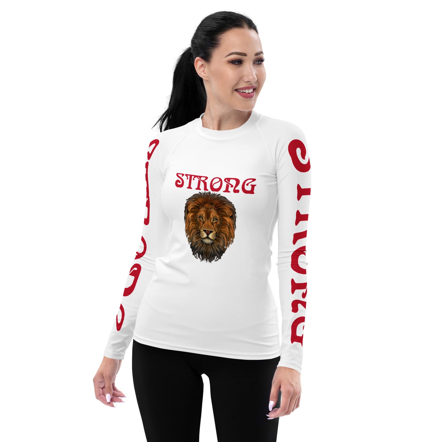 “STRONG” White Women's Rash Guard W/Red Font