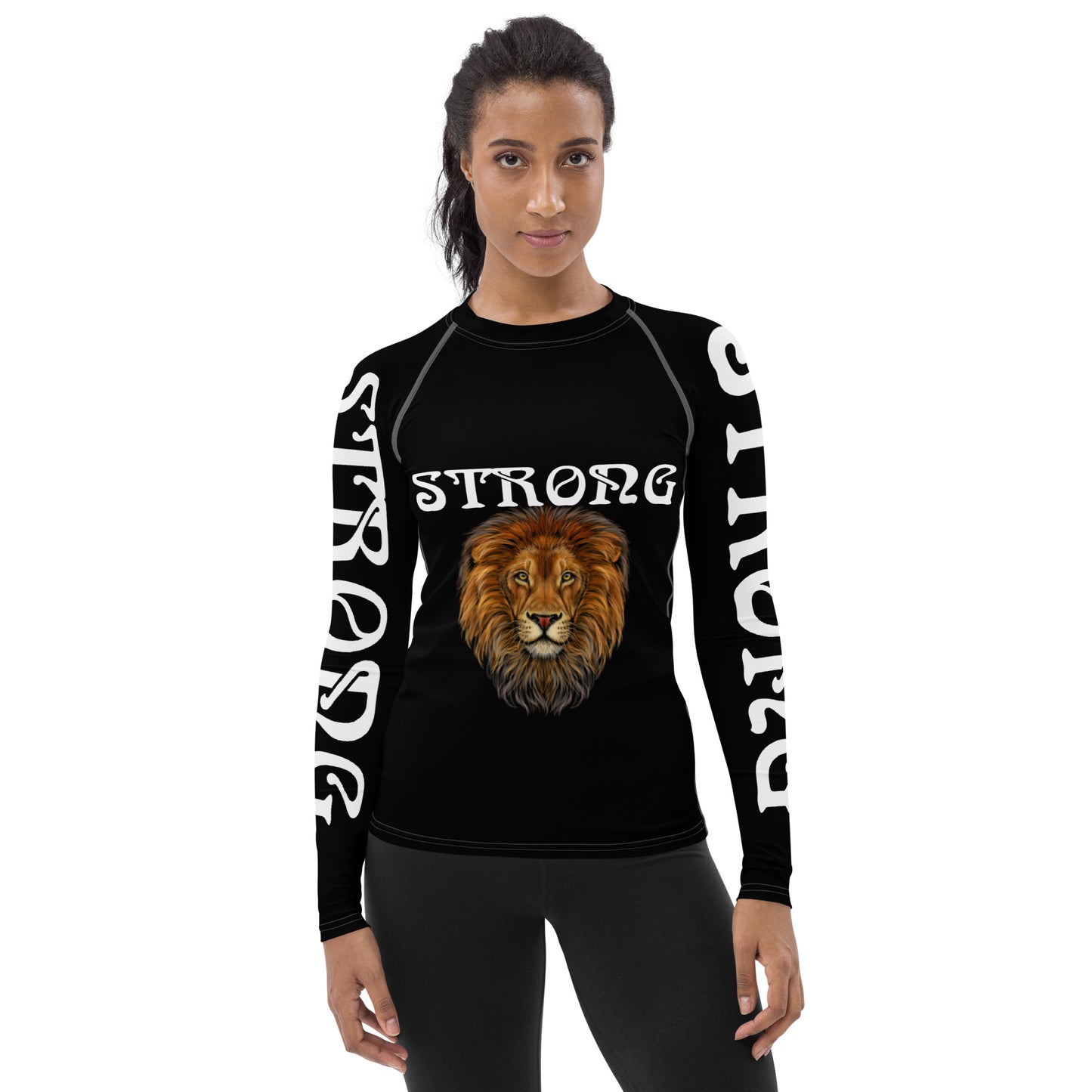 “STRONG” Black Women's Rash Guard W/White Font