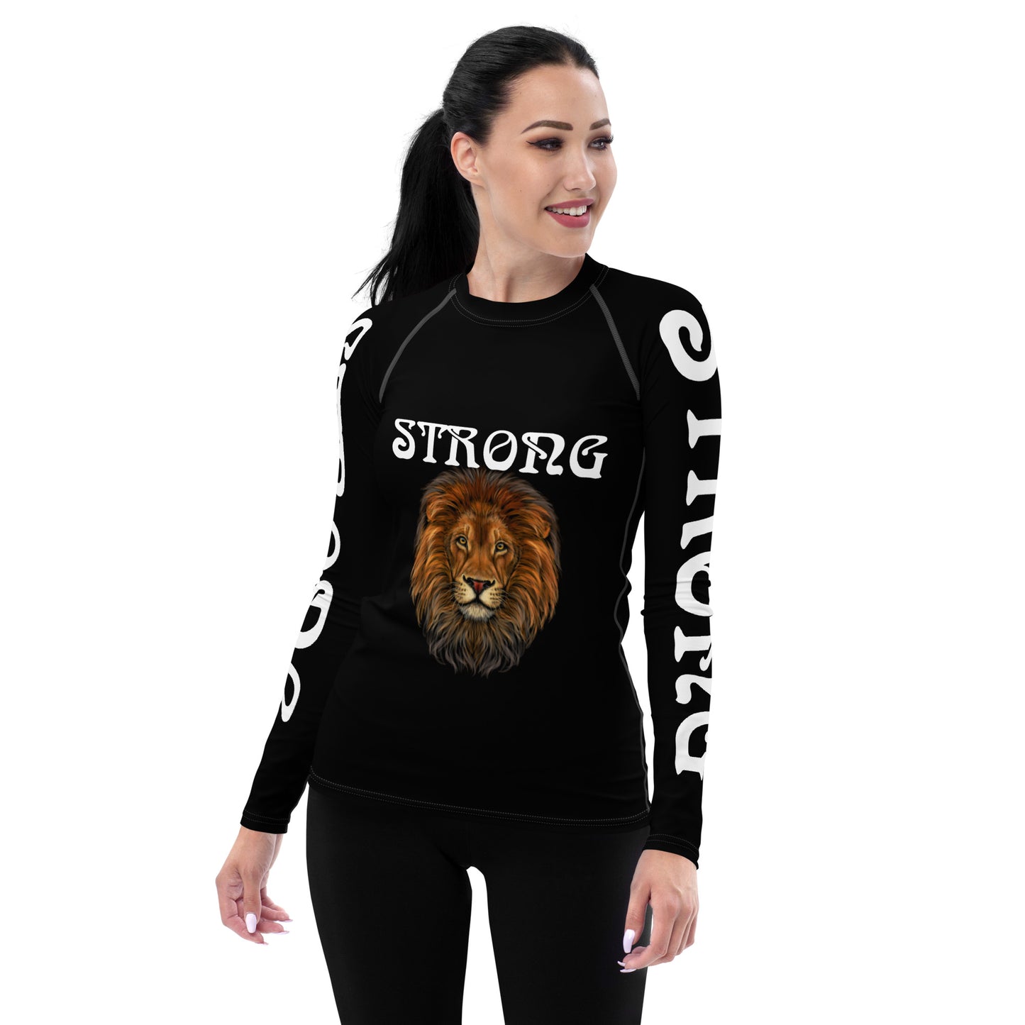 “STRONG” Black Women's Rash Guard W/White Font