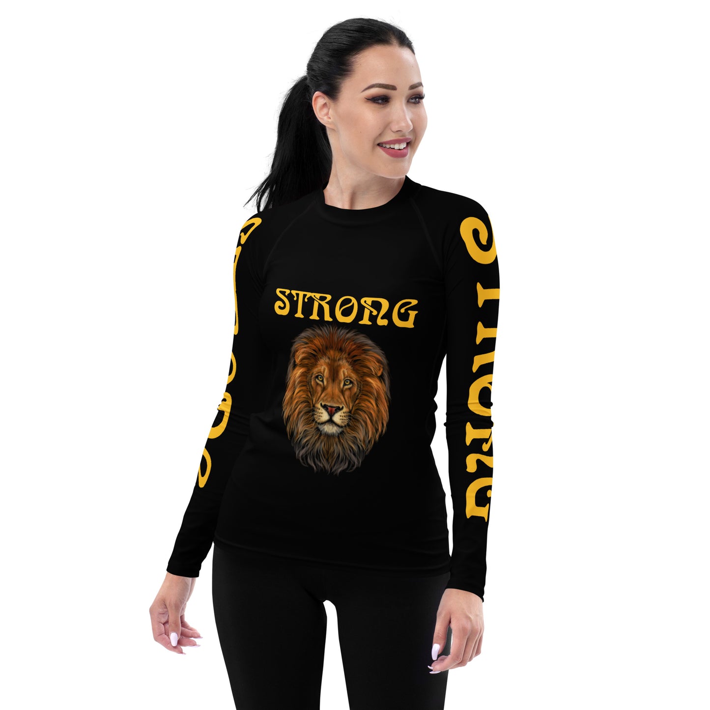 “STRONG”Black Women's Rash Guard W/Yellow Font