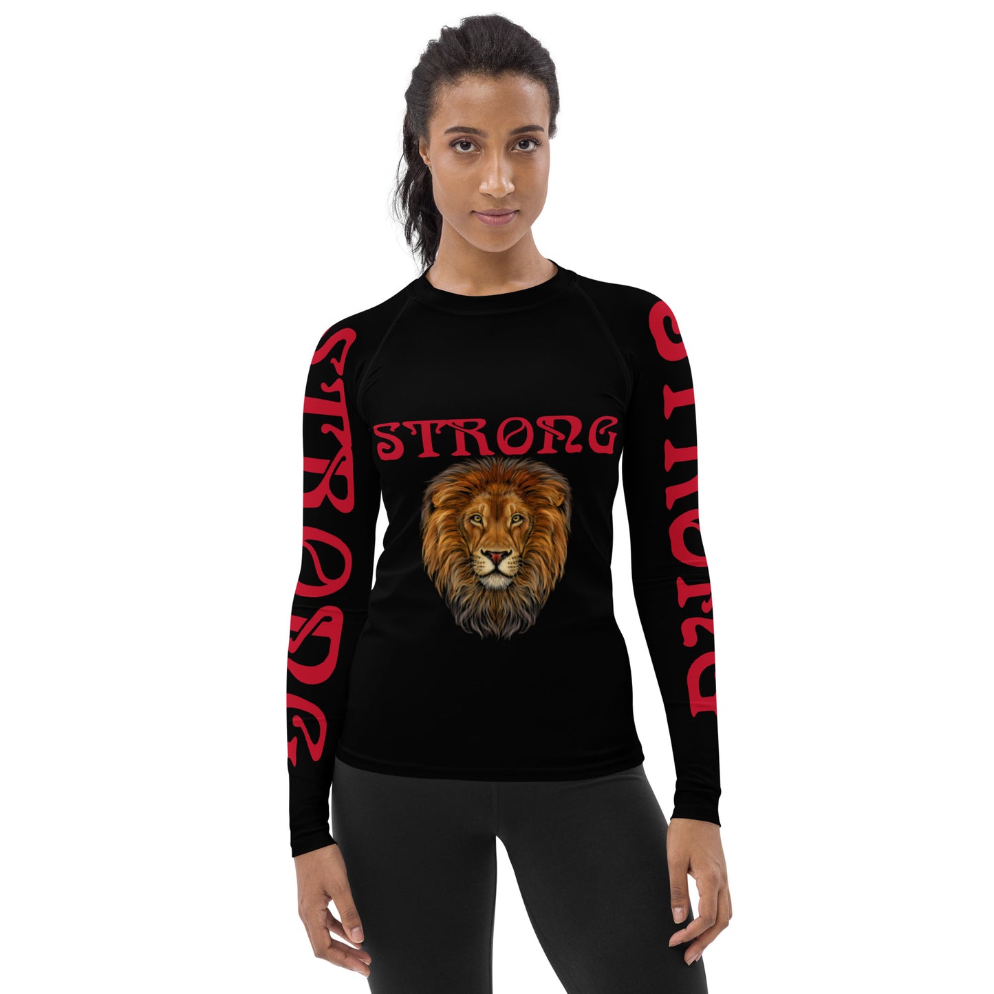 “STRONG”Black Women's Rash Guard W/Red Font