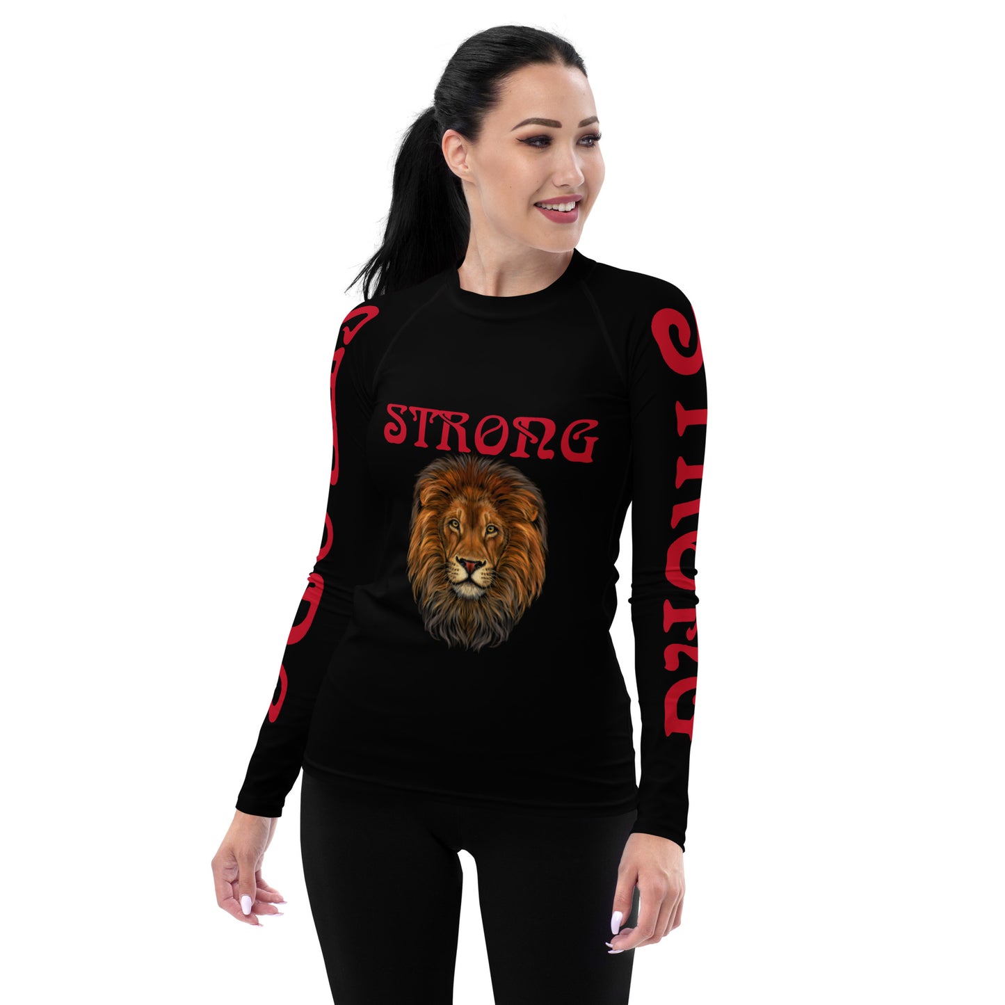 “STRONG”Black Women's Rash Guard W/Red Font