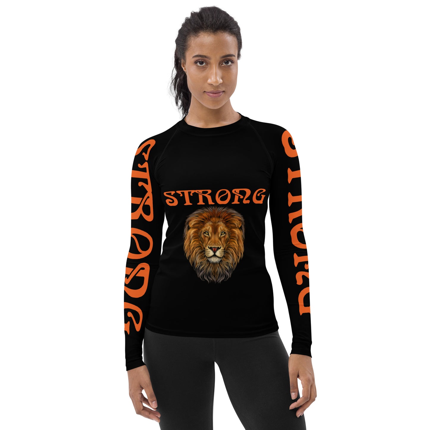 “STRONG”Black Women's Rash Guard W/Orange Font