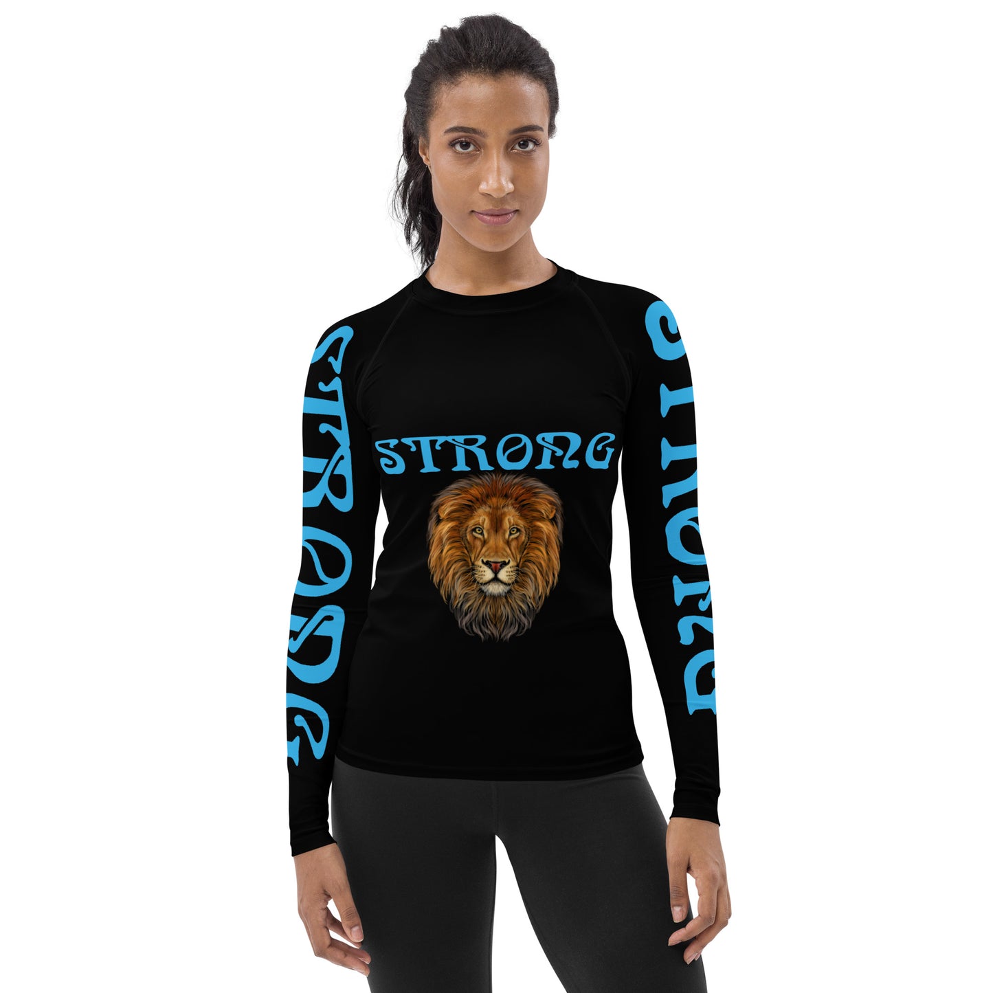 “STRONG” Black Women's Rash Guard W/SkyBlue Font