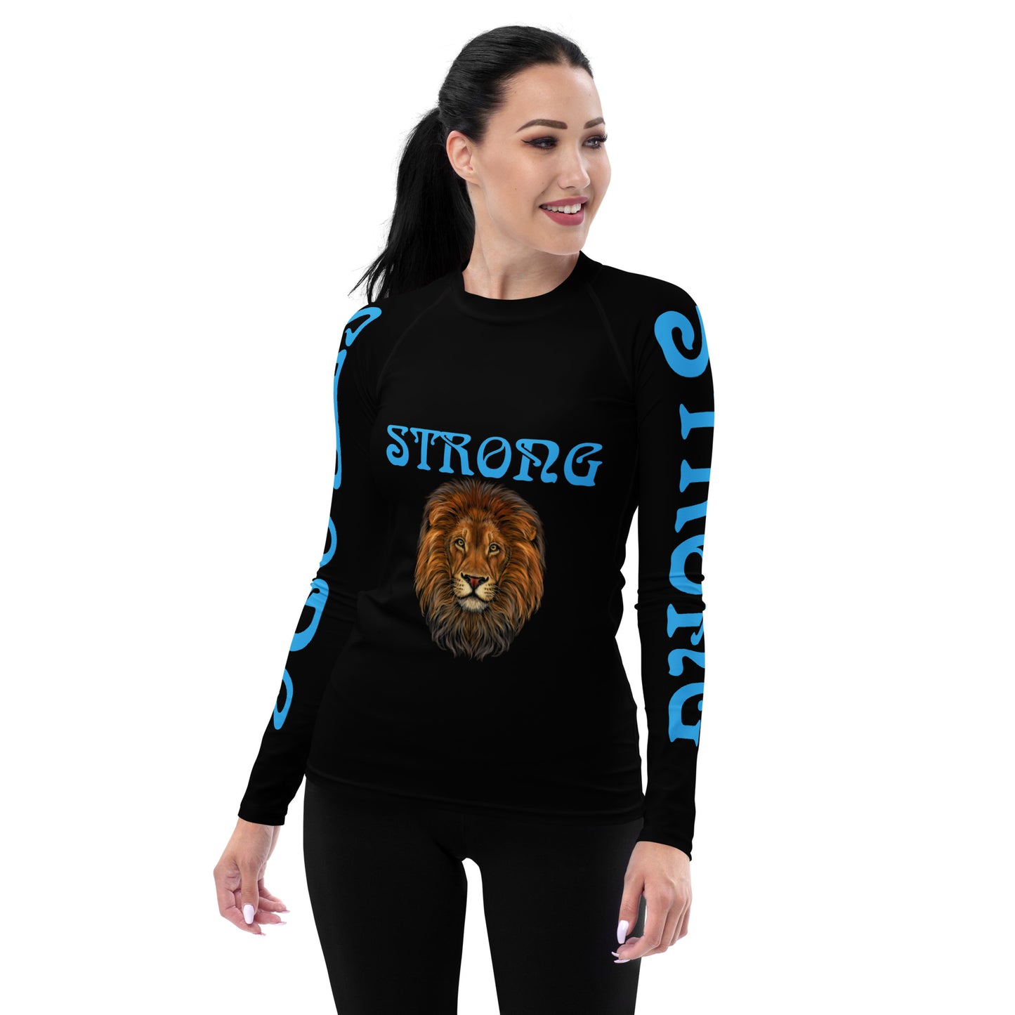 “STRONG” Black Women's Rash Guard W/SkyBlue Font