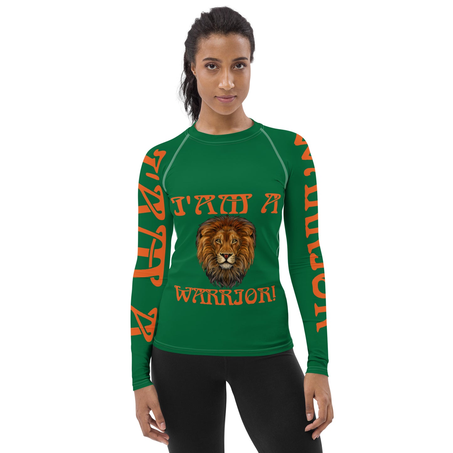 “I’AM A WARRIOR!” Green Women's Rash Guard W/Orange Font