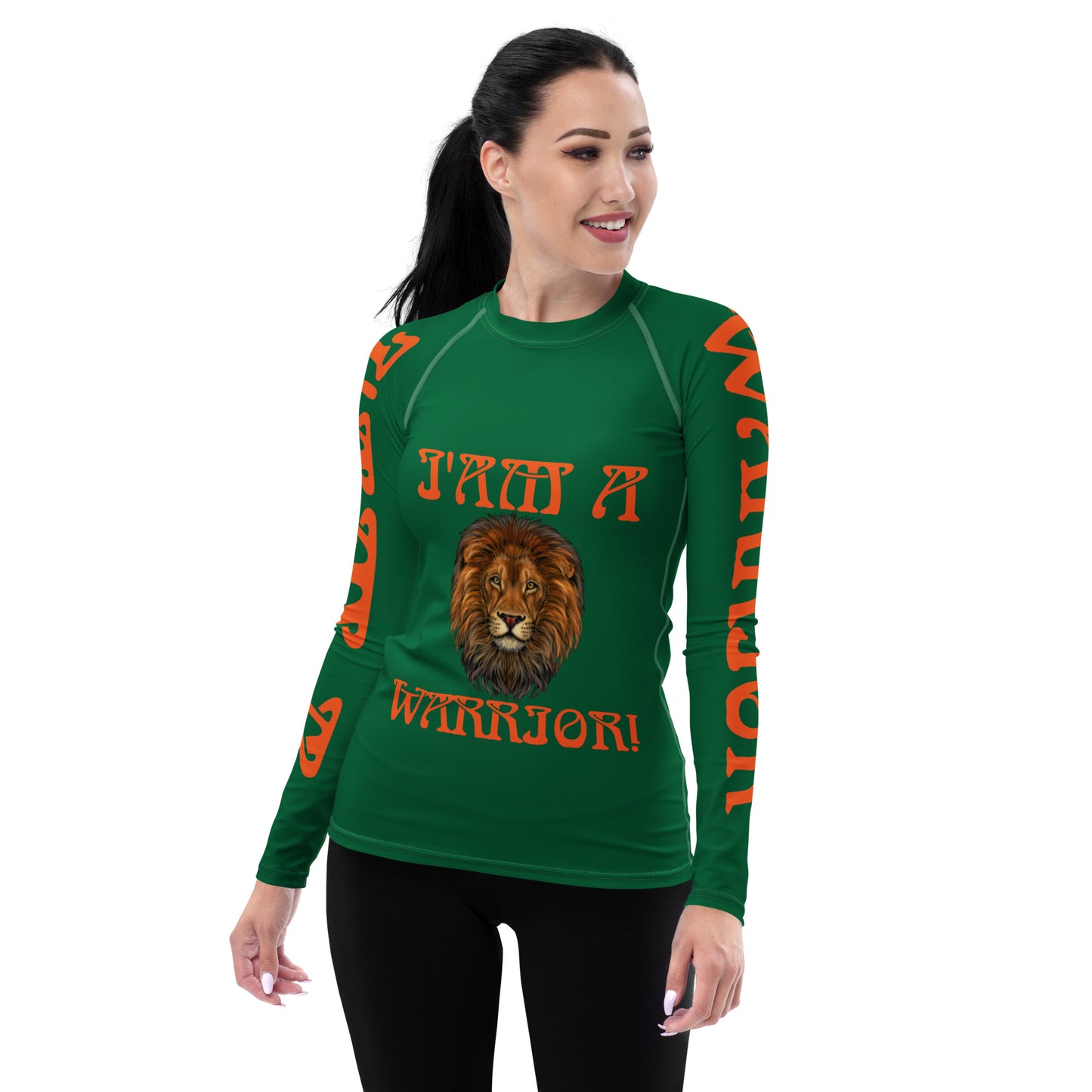 “I’AM A WARRIOR!” Green Women's Rash Guard W/Orange Font