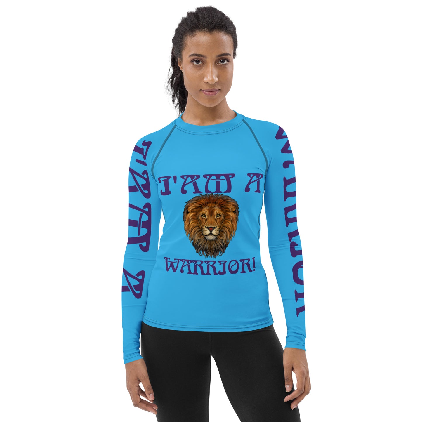 “I’AM A WARRIOR!” SkyBlue Women's Rash Guard W/Purple Font